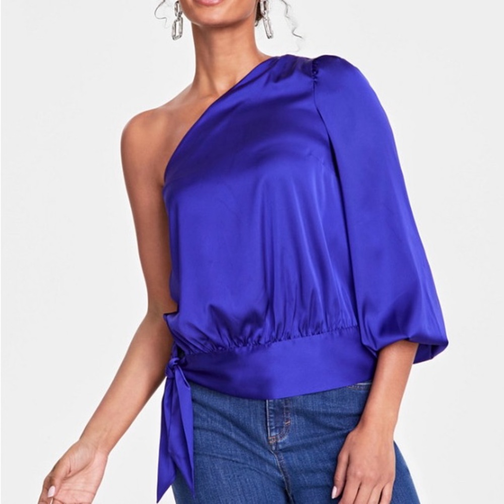NWT INC International Concepts Women’s Satin-One-Shoulder Side-Tie Blouse